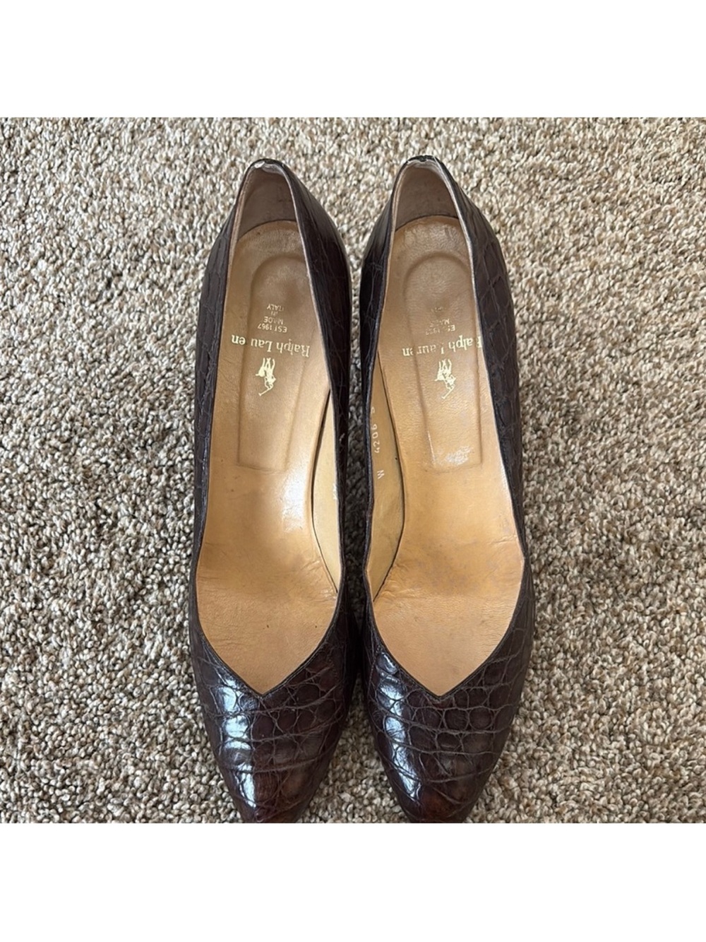 Ralph Lauren Dark Brown Croc-Embossed Pointed Pumps